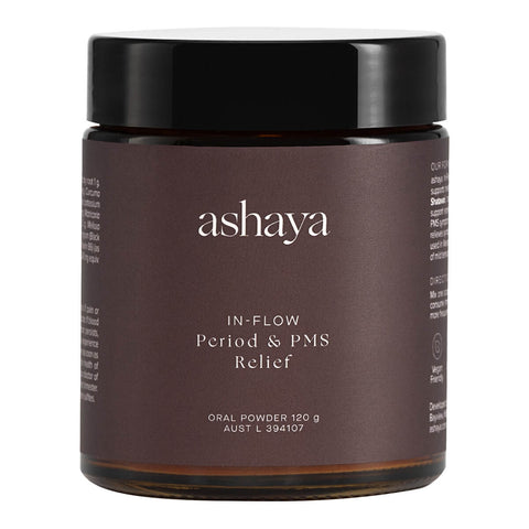 120g jar of ashaya In-Flow Period & PMS Relief oral powder, a natural, research-backed daily powder supplement that supports healthy hormone balance and PMS.