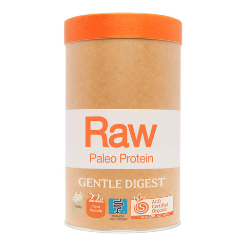 1kg tub of Amazonia Raw Paleo Protein Gentle Digest in vanilla flavour, a low FODMAP certified, delicious paleo-friendly blend that combines sprouted plant protein with fermented greens, seeds and vegetables. Packaged in a brown, white and orange tub with an orange lid.