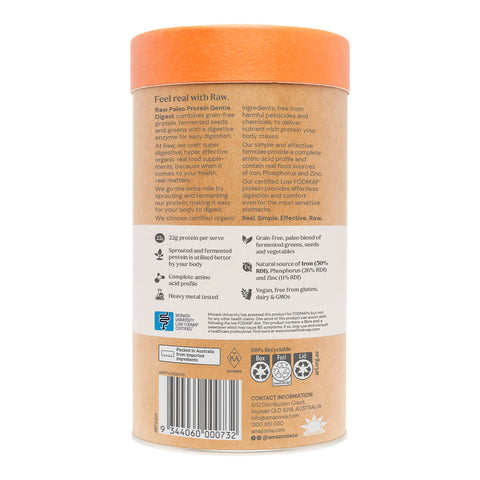 Back view of 500g tub of Amazonia Raw Paleo Protein Gentle Digest in vanilla flavour, a low FODMAP certified, delicious paleo-friendly blend that combines sprouted plant protein with fermented greens, seeds and vegetables. The back of the tub shows the product description and highlights. Packaged in a brown, white and orange tub with an orange lid.