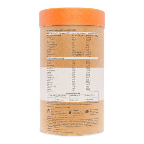 Nutritional information view of 500g tub of Amazonia Raw Paleo Protein Gentle Digest in vanilla flavour, a low FODMAP certified, delicious paleo-friendly blend that combines sprouted plant protein with fermented greens, seeds and vegetables. This side of the tub also shows the ingredients. Packaged in a brown, white and orange tub with an orange lid.