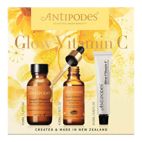 Vitamin C skincare gift set for brighter skin, featuring three vegan formulations from Antipodes, making it the ideal Christmas beauty gift. Set includes a mini gel cleanser, vitamin C serum, and a water cream. Packaged in a cardboard box.