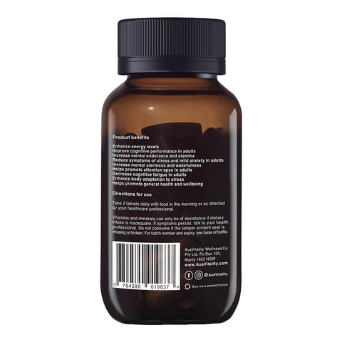 Back of 60 film coated tablets of AusVitality Mindlift in an amber bottle, a vegan and gluten free supplement designed to improve cognitive performance in adults and enhances energy levels, and body adaptation to stress.