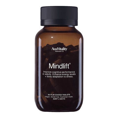 60 film coated tablets of AusVitality Mindlift in an amber bottle, a vegan and gluten free supplement designed to improve cognitive performance in adults and enhances energy levels, and body adaptation to stress.