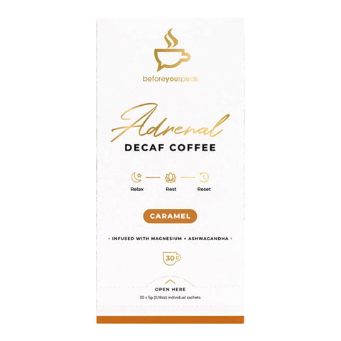 30 sachet box of Beforeyouspeak Adrenal Decaf Coffee in caramel flavour, a decaffeinated blend filled with 9 powerful and restful ingredients including zinc, ashwagandha, and camu camu to help you relax.