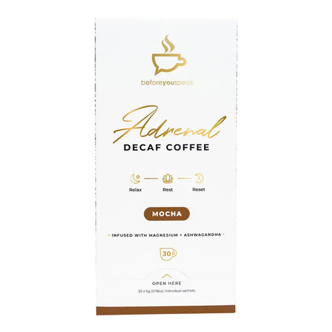 30 sachet box of Beforeyouspeak Adrenal Decaf Coffee in mocha flavour, a decaffeinated blend filled with 9 powerful and restful ingredients including zinc, ashwagandha, and camu camu to help you relax.