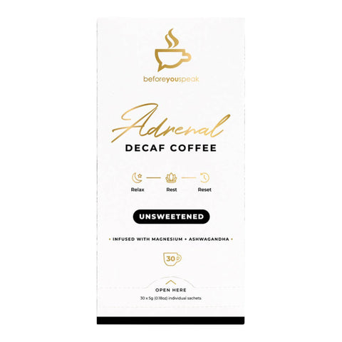 30 sachet box of Beforeyouspeak Unsweetened Adrenal Decaf Coffee, a decaffeinated blend filled with 9 powerful and restful ingredients including zinc, ashwagandha, and camu camu to help you relax.