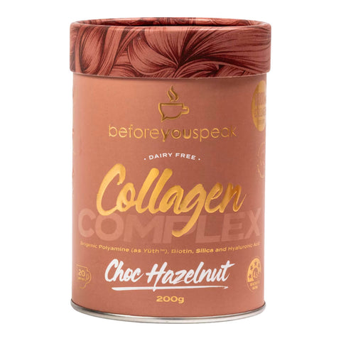 200g tub of Beforeyouspeak Collagen Complex in choc hazelnut flavour, a dairy free, sugar free, and low calorie powder with 8000mg of hydrolysed collagen, hyaluronic acid, biotin, and Yüth.