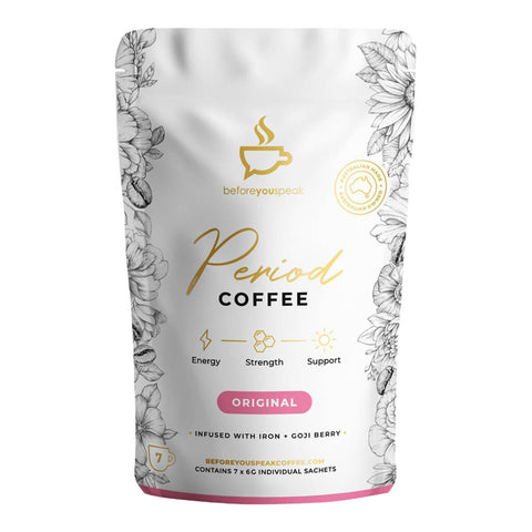 7 sachet packet of Beforeyouspeak Period Coffee, specially crafted with premium Arabica coffee, gut-friendly iron chelate, and goji berry for menstrual support. With a lightly sweetened, creamy finish, this coffee provides energy, strength, and support for those tough period days.