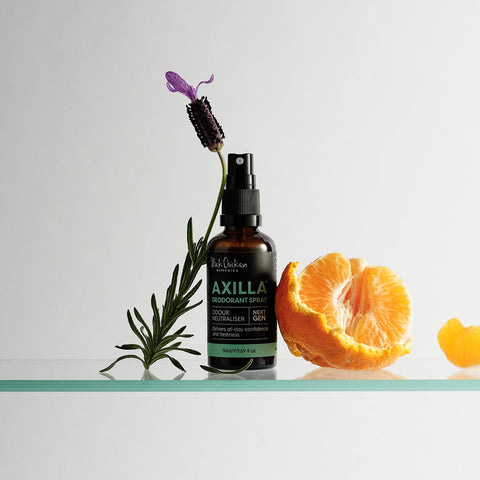 50ml spray bottle of Black Chicken Remedies Axilla Deodorant Spray styled with lavender and mandarin. Combining zinc with all-natural ingredients to neutralise odour, tighten pores, and soothe sensitive skin. Comes in a glass bottle.