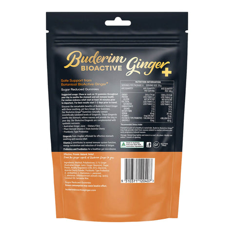 Back of 150g packet of Buderim Ginger BioActive Ginger+ Gummie Bears, designed to help soothe nausea and support gut health and immunity. Showing description, ingredients, and nutrition information.