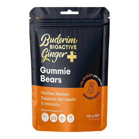 150g packet of Buderim Ginger BioActive Ginger+ Gummie Bears, designed to help soothe nausea and support gut health and immunity.