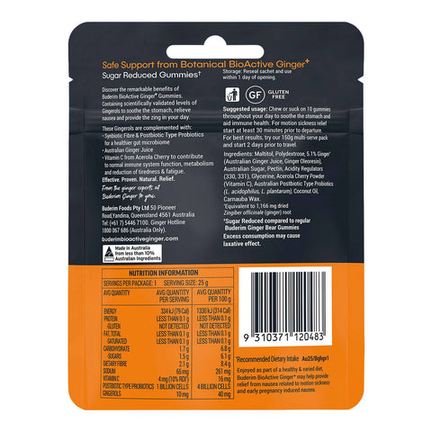 Back of 25g packet of Buderim Ginger BioActive Ginger+ Gummie Bears, designed to help soothe nausea and support gut health and immunity. Showing description, ingredients, and nutrition information.