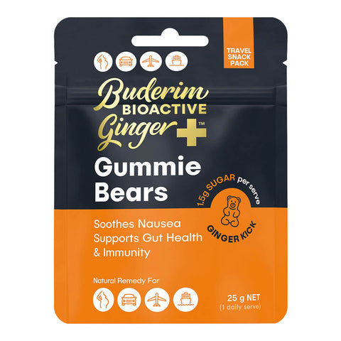 25g packet of Buderim Ginger BioActive Ginger+ Gummie Bears, designed to help soothe nausea and support gut health and immunity.