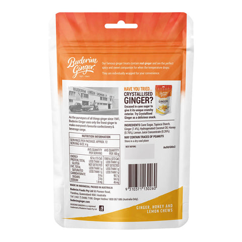 Back of 50g resealable pouch of Buderim Ginger Ginger, Honey & Lemon Chews, individually wrapped, chewy treats. Showing description, ingredients, and nutrition information.