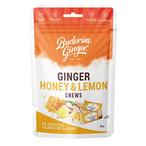 50g resealable pouch of Buderim Ginger Ginger, Honey & Lemon Chews, individually wrapped, chewy treats.