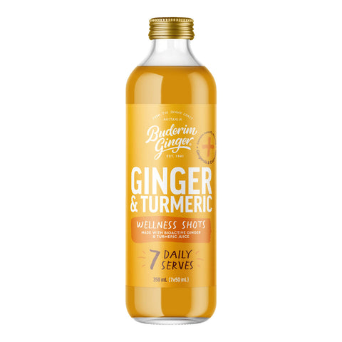 350ml bottle of Buderim Ginger Ginger & Turmeric Wellness Shots, a 7-day supply to boost your health and wellness.