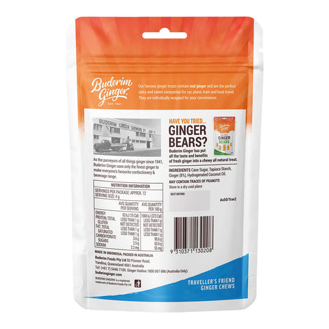 Back of 50g resealable pouch of Buderim Ginger Traveller's Friend Ginger Chews, individually wrapped, chewy treats. Showing description, ingredients, and nutrition information.