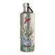 600ml Cheeki Insulated Classic Bottle with a jungle pattern, a stainless steel, sleek, and durable bottle that keeps your drinks cold for up to 24 hours and hot for up to 12 hours. The bottle comes with a handle attached to the lid. The pattern features a zebra, parrot, and some greenery on a stainless steel silver background.