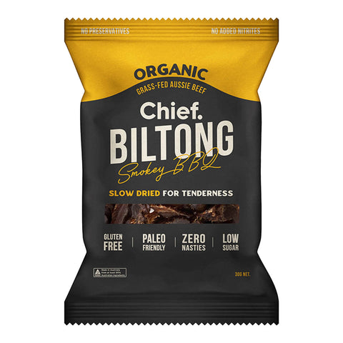 30g bag of Chief Biltong in Smokey BBQ flavour, a preservative free, low in sugar dried meat snack made using 100$ organic grass-fed Australian beef. Packaged in a black and yellow plastic bag.