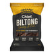 90g bag of Chief Biltong in Smokey BBQ flavour, a preservative free, low in sugar dried meat snack made using 100$ organic grass-fed Australian beef. Packaged in a black and yellow plastic bag.