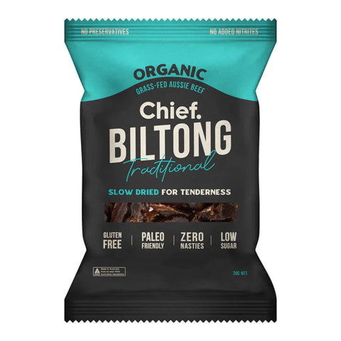 30g bag of Chief Biltong in Traditional Beef flavour, a preservative free, low in sugar dried meat snack made using 100$ organic grass-fed Australian beef. Packaged in a black and blue plastic bag.