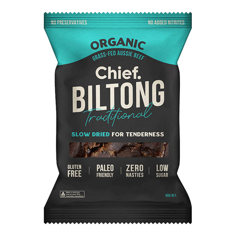 90g bag of Chief Biltong in Traditional Beef flavour, a preservative free, low in sugar dried meat snack made using 100$ organic grass-fed Australian beef. Packaged in a black and blue plastic bag.