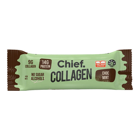 45g bar of Chief Collagen Protein Bar in Choc Mint flavour containing 9g of collagen and 14g of protein. Packaged in a green and brown wrapper.