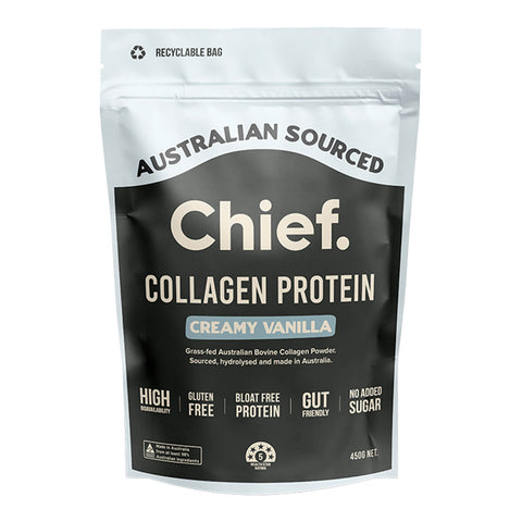 450g bag of Creamy Vanilla flavoured Chief Grass-Fed Collagen Powder, a gentle protein source that's kinder on the gut and a more environmentally friendly option compared to whey protein. Beneficial for supporting gut health, joints and tendons, recovery, and hair, skin, and nails. Packaged in a black and white resealable plastic bag.