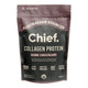 450g bag of Dark Chocolate flavoured Chief Grass-Fed Collagen Powder, a gentle protein source that's kinder on the gut and a more environmentally friendly option compared to whey protein. Beneficial for supporting gut health, joints and tendons, recovery, and hair, skin, and nails. Packaged in a black and brown resealable plastic bag.