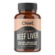 Jar of Chief Organic Beef Liver Capsules containing 120 capsules, a natural daily supplement rich in vitamin B12 to support energy levels. Packaged in an amber jar with a black and brown label.