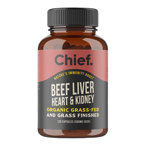 Jar of Chief Organic Beef Liver, Heart & Kidney Capsules containing 120 capsules, a natural daily supplement high in vitamin B to support energy levels. Packaged in an amber jar with a black and red label.