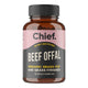 Jar of Chief Organic Beef Offal Multivitamin Capsules containing 120 capsules, a natural daily supplement high in vitamin B to support energy levels. Packaged in an amber jar with a black and pink label.