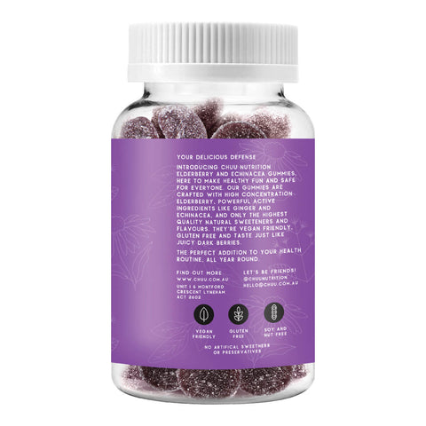 Right side of jar of 40 Chuu Nutrition Elderberry & Echinacea Gummies. Made with a high concentration of elderberry, powerful active ingredients like ginger and echinacea, and only the highest quality natural sweeteners and flavours. They taste just like juicy dark berries. Vegan and gluten free. Showing description. Packaged in a clear jar with a purple label.