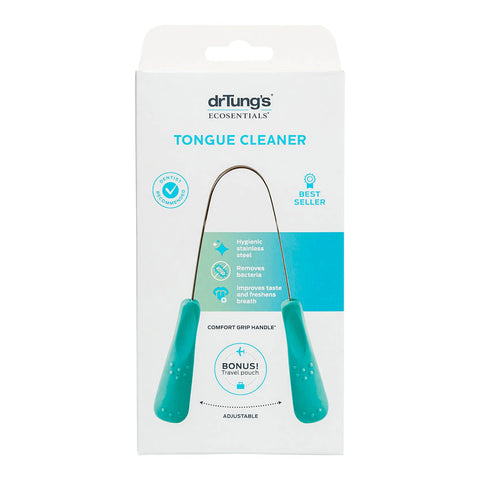 DrTung's Tongue Cleaner, a curved, U-shaped design made of stainless steel designed to remove bacteria on the tongue that causes bad breath. Blue handles.