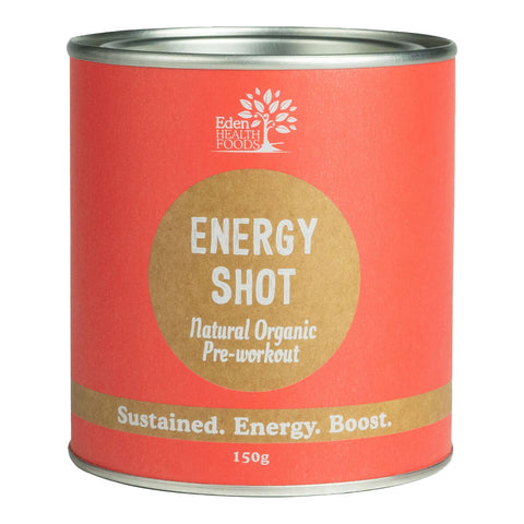 Front of 150g tin of Eden Healthfoods Energy Shot, a pre-workout supplement that uses certified organic and wildcrafted whole herbs to naturally stimulate your mind and body. It is 100% natural and contains no added sugar, artificial sweeteners, flavours, colours, or preservatives. Packaged in a red container with a simple label design.