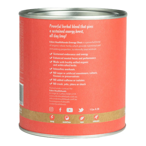 Left side of 150g tin of Eden Healthfoods Energy Shot, a pre-workout supplement that uses certified organic and wildcrafted whole herbs to naturally stimulate your mind and body. It is 100% natural and contains no added sugar, artificial sweeteners, flavours, colours, or preservatives. Showing a product description and highlights. Packaged in a red container with a simple label design.