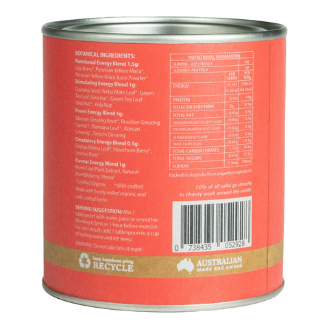 Right side of 150g tin of Eden Healthfoods Energy Shot, a pre-workout supplement that uses certified organic and wildcrafted whole herbs to naturally stimulate your mind and body. It is 100% natural and contains no added sugar, artificial sweeteners, flavours, colours, or preservatives. Showing ingredients, serving suggestion and nutritional information. Packaged in a red container with a simple label design.