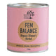 Front view of Eden Healthfoods Fem Balance Organic Women's Herbal 150g tin. The packaging is pink with a natural brown label in the centre featuring the product name. The text at the bottom reads: 'Balance. Build. Strengthen.' This formula is designed to balance female hormones and alleviate symptoms like mood swings, bloating, cramps, and sensitivity.