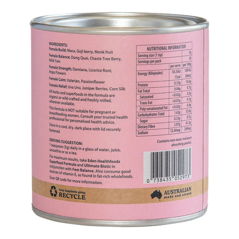 Right side view of Eden Healthfoods Fem Balance Organic Women's Herbal 150g tin, showing the ingredients, serving suggestion and nutritional information.