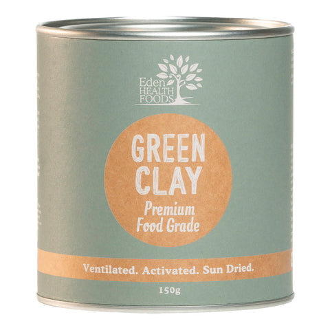 Front view of Eden Healthfoods Green Clay 150g tin, designed to bind toxic agents and chemicals and remove them from the body.