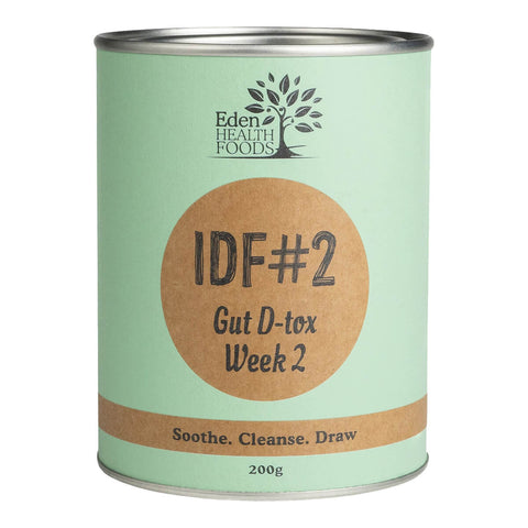 Front view of Eden Healthfoods IDF#2 Gut D-Tox Week 2 200g tin, labelled as a deep bowel cleanser designed to remove toxic build-up and promote nutrient absorption, featuring ingredients like clay, charcoal, and pectin.