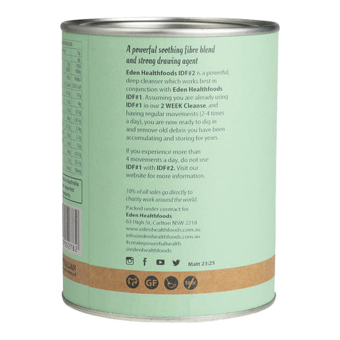 Left view of Eden Healthfoods IDF#2 Gut D-Tox Week 2 200g tin, displaying a brief product description highlighting its ability to remove toxic build-up and support improved nutrient absorption with a powerful blend of clay, charcoal, and pectin.