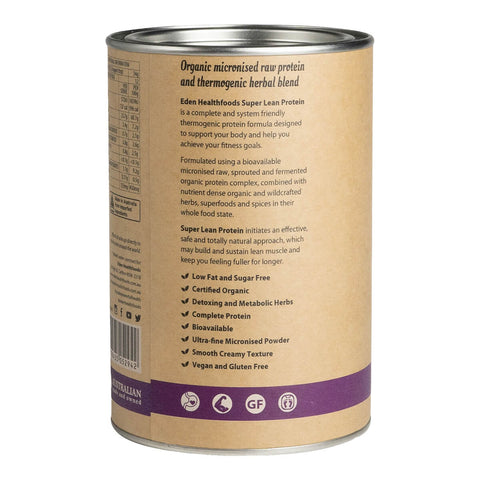 Left view of Eden Healthfoods Super Lean Protein - Cinnamon & Vanilla 400g tin, featuring a description of its benefits for weight management and muscle building, and highlights including its blend of sprouted and fermented plant proteins, and nutrient-rich herbs and spices.