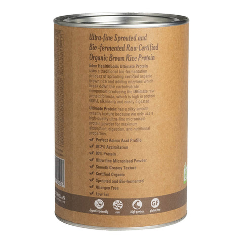 Left view of Eden Healthfoods Ultimate Protein - Chocolate 400g tin, featuring a description of its high-protein (80%) content and easy digestibility, with highlights on its traditional bio-fermentation process, which includes sprouting organic brown rice protein and enzyme breakdown for enhanced digestion.