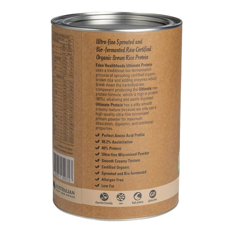 Left view of Eden Healthfoods Ultimate Protein - Natural 1kg tin, featuring a description of its high-protein (80%) content and easy digestibility, with highlights on its traditional bio-fermentation process, which includes sprouting organic brown rice protein and enzyme breakdown for enhanced digestion.