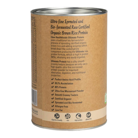 Left view of Eden Healthfoods Ultimate Protein - Natural 400g tin, featuring a description of its high-protein (80%) content and easy digestibility, with highlights on its traditional bio-fermentation process, which includes sprouting organic brown rice protein and enzyme breakdown for enhanced digestion.