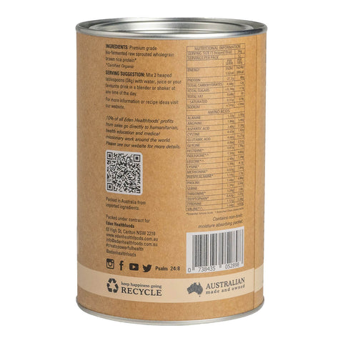 Right view of Eden Healthfoods Ultimate Protein - Natural 400g tin, displaying the ingredients list, serving suggestion, and nutritional information.