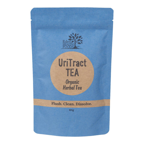 Front view of Eden Healthfoods UriTract Tea 60g packet, featuring a blend of synergistic herbs like juniper berries, corn silk, bearberry, and horsetail, designed to support increased urination and help remove infections and stones from the kidneys and bladder.