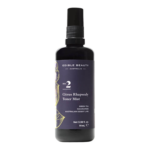 50ml bottle of Edible Beauty No.2 Citrus Rhapsody Toner Mist, hydrates, smooths, and firms skin tone for a dewy complexion. With Green tea, niacinamide. and Australian desert lime.