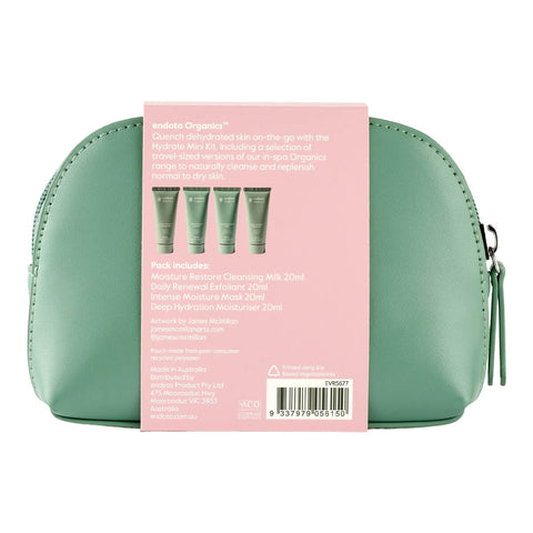 Back of endota Hydrating Mini Kit, containing endota's best-selling products, including Intense Moisture Mask, Deep Hydration Moisturiser, Moisture Restore Cleansing Milk, and Daily Renewal Exfoliant. Packaged in a green zipper pouch.